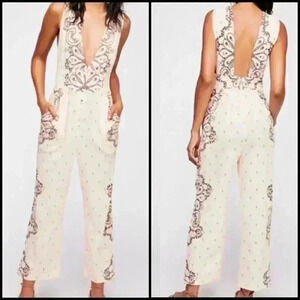 Free People Setting Sun Paisley Cream Pink Purple Deep V Boho Jumpsuit SizeS
